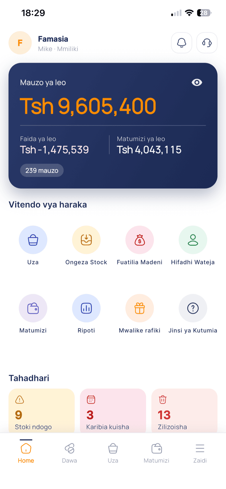 Skrini ya mwanzo ya app ya Famasia kwenye simu: mauzo ya leo, vitendo vya haraka na tahadhari za stoo