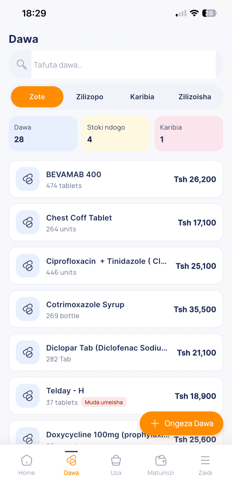 Skrini ya Dawa kwenye app ya simu: orodha ya dawa, stoki ndogo na dawa iliyoisha muda